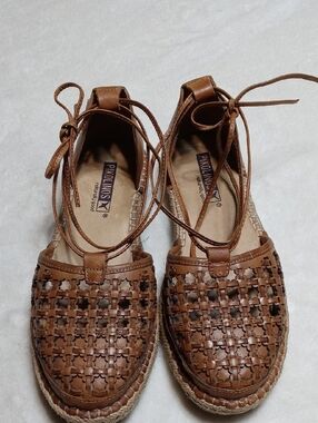 PIKOLINOS Cadamunt Brown Woven Leather Espadrille with Ankle Tie Size 37